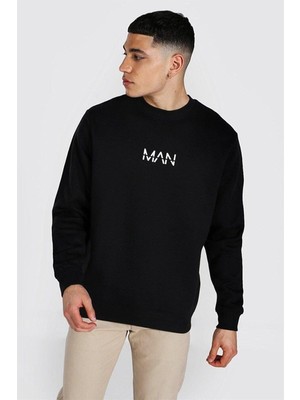Trendseninle Erkek Siyah Man Baskili Oversize Sweatshirt
