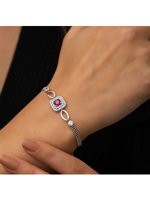 925 Gümüş Kare Montür Pembe Taş 925 Ayar Gümüş Bileklik