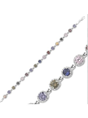 925 Gümüş Renkli Taşlar Su Yolu  925 Ayar Gümüş Bileklik