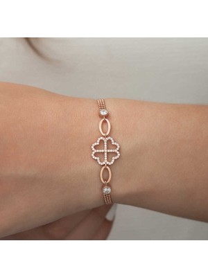 925 Gümüş Kalpli Yonca 925 Ayar Gümüş Bileklik