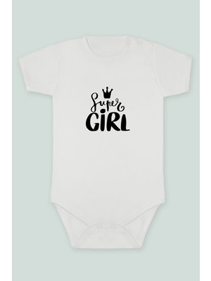 Tuğba Baby Kraliçe Taçlı Super Girl Yazı Baskılı Bebek Body Zıbın Kısa Kollu Çıt Çıtlı Badi Pamuklu Hediye