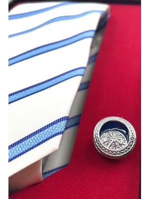La Pescara Beyaz Italyan Ipek Kravat Çelik Kol Düğmesi Erkek Hediye Seti SKS14