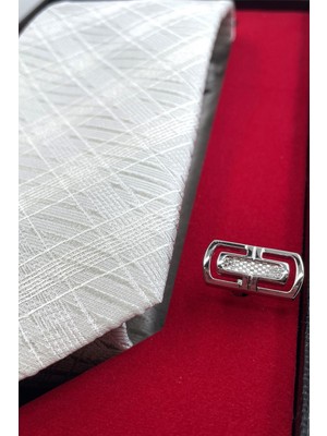 La Pescara Beyaz Italyan Ipek Kravat Çelik Kol Düğmesi Erkek Hediye Seti SKS20