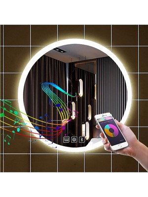 90 cm Bluetoothlu Dokunmatik Tuşlu Buğu Yapmayan Ledli Yuvarlak Banyo Aynası
