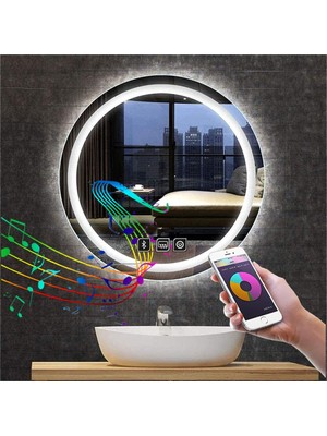 75 cm Bluetoothlu Dokunmatik Tuşlu Buğu Yapmayan Ledli Yuvarlak Banyo Aynası