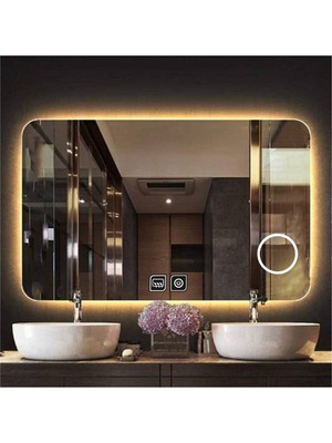 65X90 cm Büyüteçli Dokunmatik Tuşlu Buğu Yapmayan Ledli Banyo Aynası