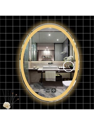 80X100 cm Makyaj Aynalı Dokunmatik Tuşlu Buğu Yapmayan Ledli Elips Banyo Aynası