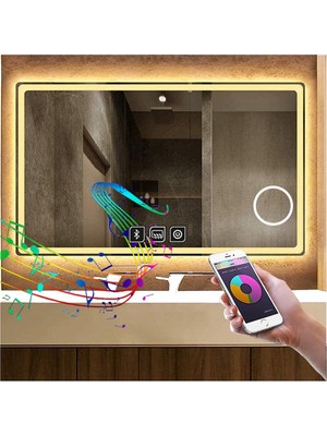 50X65 cm Bluetoothlu Makyaj Aynalı Buğu Yapmayan Ledli Banyo Aynası