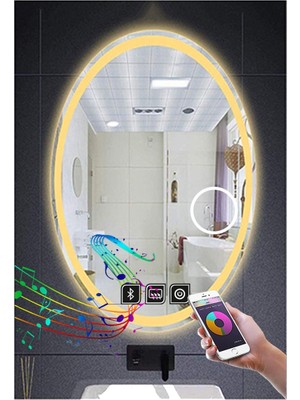 65X85 cm Bluetoothlu Makyaj Aynalı Buğu Yapmayan Ledli Elips Banyo Aynası