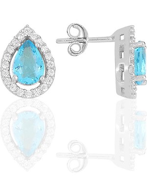 Söğütlü Silver Gümüş Rodyumlu Akuamarin Taşlı Damla Modeli Küpe