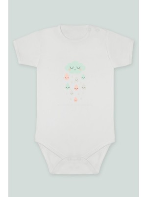 Tuğba Baby Gülümseyen Bulut ve Yağmur Damlaları Baskılı Bebek Body Zıbın Kısa Kollu Çıt Çıtlı Badi %10 Pamuk