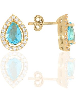 Söğütlü Silver Gümüş Altın Yaldızlı Akuamarin Taşlı Damla Modeli Küpe