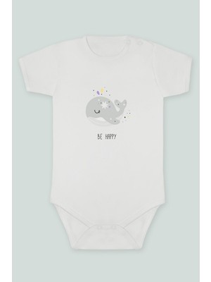 Tuğba Baby Be Happy Yazılı Sevimli Balina Baskılı Bebek Body Zıbın Kısa Kollu Çıt Çıtlı Badi %100 Pamuk