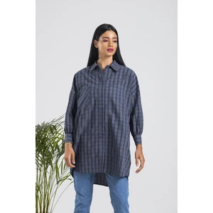 Gülsen Sarıçam Mavi Kareli Oduncu Oversize Gömlek
