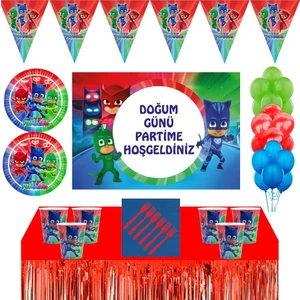 Parti Furyası Pj Mask Doğum Günü Konsepti 8 Kişilik 70X100 cm Afişli Pijamaskeliler Doğum Günü Seti Masa Etekli