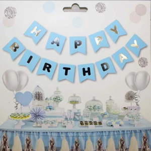 Patladı Gitti Mavi Zemin Happy Birthday Gümüş Banner