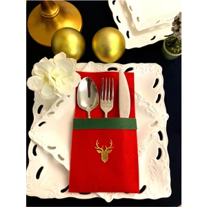 Evde Ucuz 6'lı Geyikli Kırmızı Keçe Servislik Yılbaşı Özel