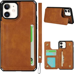 Apple iPhone  11 Için Pu Deri Kaplamalı Tpu Cüzdan Tasarımlı Telefon Kılıfı - Kahverengi (Yurt Dışından)