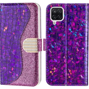 Samsung Galaxy A12 Için Timsah Derisi Dokulu Pu Deri Stand Kapaklı Cüzdan Işlevli Parıltılı Telefon Kılıfı (Yurt Dışından)
