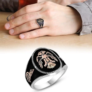 925 Ayar Gümüş Çift Başlı Selçuklu Kartalı Motifli Tuğra Detaylı Erkek Yüzük