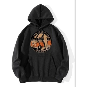 Siyah San Fransısco Woswos Baskılı Kapüşonlu Oversize Sweatshirt