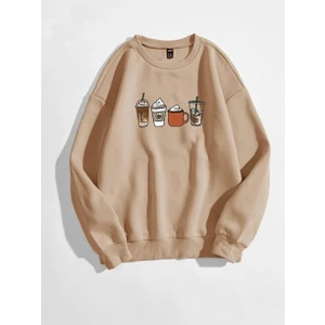 Kadın Vizon Oversize Coffee Baskılı Sweatshirt
