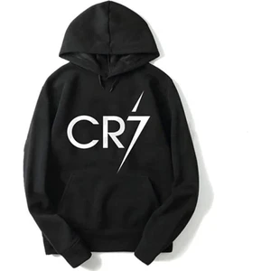Unisex Siyah Cr7 Baskılı Sweatshirt Kapüşonlu
