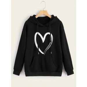 Kadın Siyah Kalp Baskılı Kapüşonlu Sweatshirt