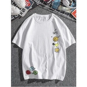 Unisex Beyaz T-Shirt Funny Smile Baskılı Oversize Tişört