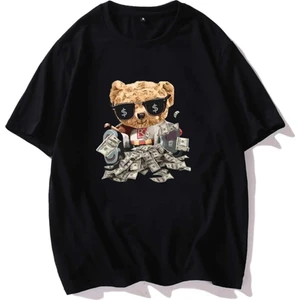 Unisex Siyah T-Shirt Gözlüklü Ayı Baskılı Oversize Tişört