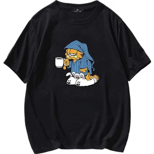 Unisex Uykulu Garfield Siyah Tişört