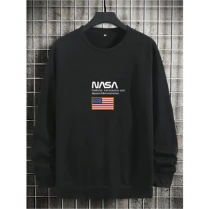 Erkek Siyah Nasa Bayrak Baskılı Oversize Sweatshirt