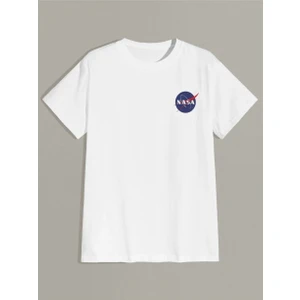 Erkek Beyaz T-Shirt Nasa Logo Baskılı Oversize Tişört