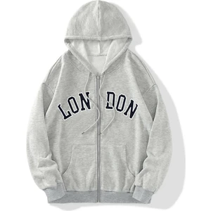 Unisex Gri London Baskılı Fermuarlı Sweat Hırka