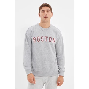 Gri Erkek Boston Baskı Uzun Kollu Bisiklet Yaka Baskılı Sweatshirt