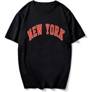 Erkek Siyah T-Shirt New York Kırmızı Baskılı Oversize Tişört