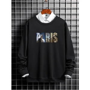 Erkek Parıs Baskılı Siyah Oversize Sweatshirt