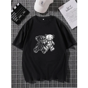 Erkek Siyah Oversize T-Shirt Ayı Baskılı
