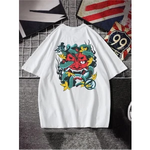 Erkek Beyaz Oversize T-Shirt Devıl Sırt Baskılı