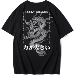 Erkek Siyah T-Shirt Lucky Dragon Baskılı Oversize T-Shirt
