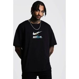 Erkek Siyah Oversize T-Shirt Just Rick It Baskılı Tişört