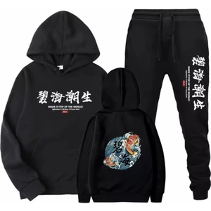 Amor Man Büyük Beden Kapüşonlu Koı Japon Baskılı Oversize Yeni Stil Erkek Eşofman Takımı
