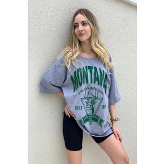 Trend Seninle Kadın Gri Montana Baskılı Oversize T-Shirt