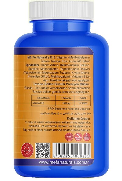 Mefa Naturals B12 (Metilkobalamin) 240 Tablet 1000 Mcg