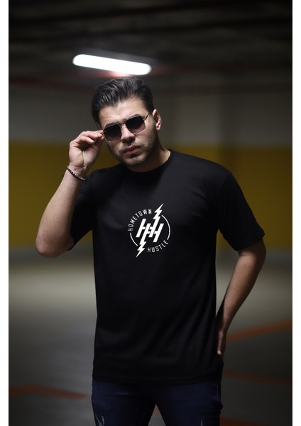 Hustle Erkek Siyah Baskılı Bisiklet Yaka Oversize T-Shirt