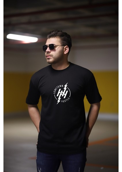 Hustle Erkek Siyah Baskılı Bisiklet Yaka Oversize T-Shirt