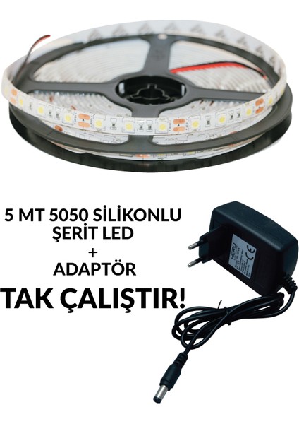 5 mt Üç Çipli Silikonlu Dış Mekan Şerit Led+Adaptör Set MAVİ