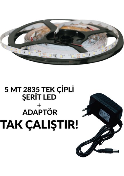 5 Metre Tek Çipli Iç Mekan Şerit LED +Adaptör Set BEYAZ