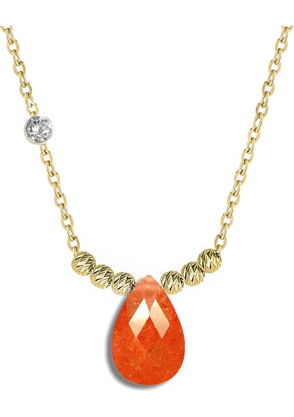 Pirlanta 14 Ayar Altin Dorikalı Coral Renkli Damla Taşlı Kolye