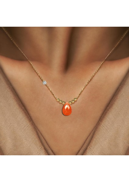 Pirlanta 14 Ayar Altin Dorikalı Coral Renkli Damla Taşlı Kolye fiyatları